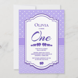 Convite Festa de primeiro aniversario de Elefantes lavanda