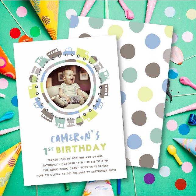 Convite Festa de primeiro aniversario de Foto de Transport (Boy's Toys Pastel Blue Fun Transport Any Age / 1st Birthday Photo Kid's Party Invitation @ Zazzle)