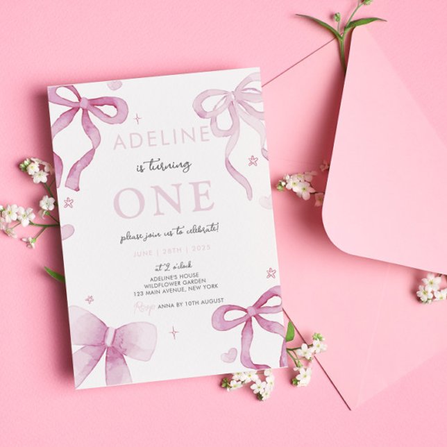 Convite Festa de primeiro aniversario de Garota de Aquarel (Pink Bow Watercolor Girl 1st Birthday Party Invitation Girl Birthday Party Digital Template Download)