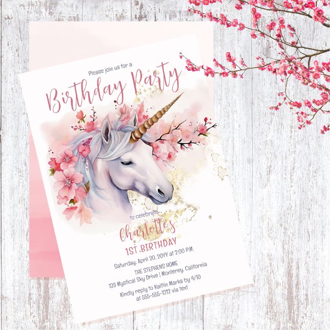 Convite Festa de primeiro aniversario de Garota Floral Mís (Unicorn Mythical Creature and Pink Cherry Blossom Floral 1st Birthday Party Invitation)
