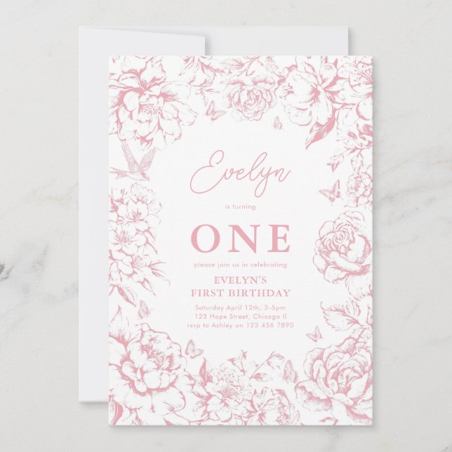 Convite Festa de primeiro aniversario de Garota Floral Ros (Frente)