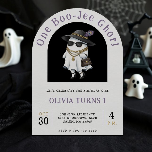 Convite Festa de primeiro aniversario de Halloween One Bou (Halloween 1st Birthday Party One Boujee Ghost Invitation
)
