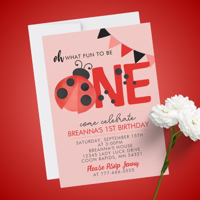 Convite Festa de primeiro aniversario de Ladybug da Sweet  (Oh What Fun to Be One Light Salmon Pink and Red 1st Birthday Invitation)