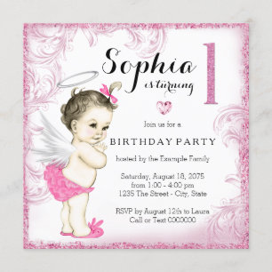 Convite Festa de Primeiro Aniversário de Menina Anjo Rosa
