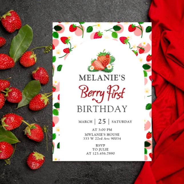 Convite Festa de primeiro aniversario de Morango | Berry F (Girl Berry first birthday card invitation)