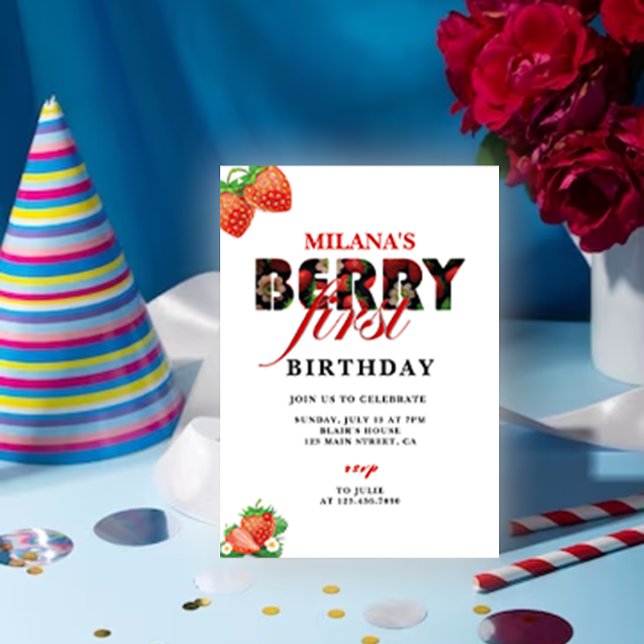 Convite Festa de primeiro aniversario de Morango | Berry F (Berry first 1st Birthday invitation card mockup)