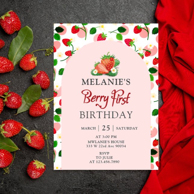 Convite Festa de primeiro aniversario de Morango | Berry F (Girl Berry first birthday card invitation)