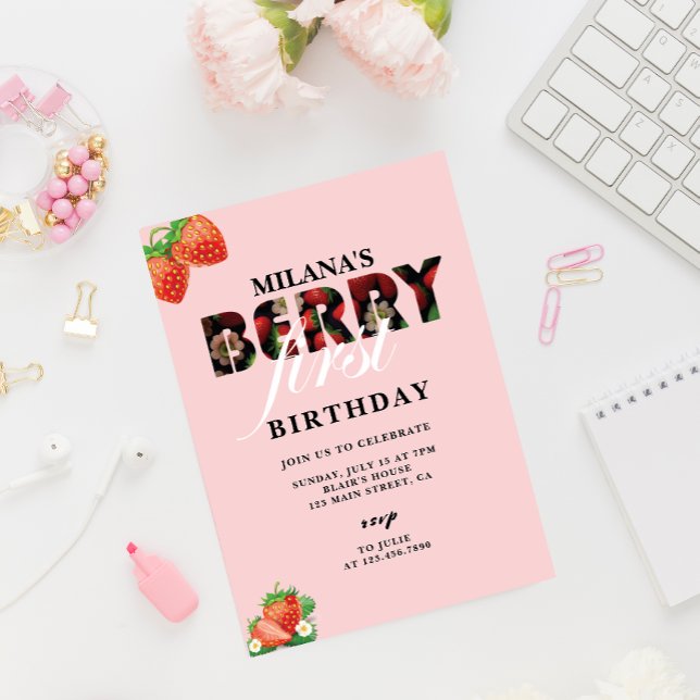 Convite Festa de primeiro aniversario de Morango | Berry F (Pink Berry First strawberry invitation card)