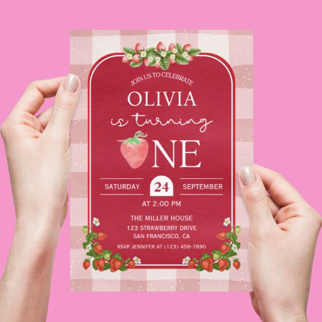 Convite Festa de primeiro aniversario de Morango Vermelho (Red Strawberry 1st birthday invitation)