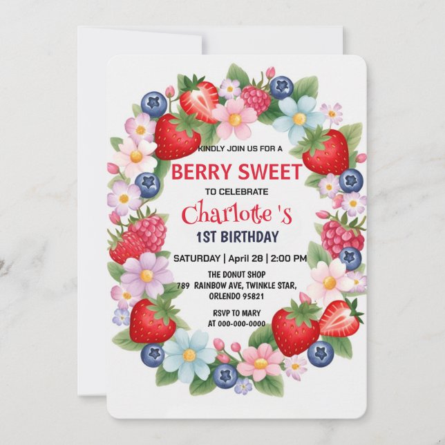 Convite Festa de primeiro aniversario de Morango Vermelho  (Frente)