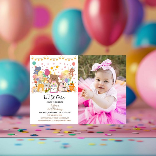 Convite Festa de primeiro aniversario de Rapariga Selvagem (woodland forest wild one birthday party horizontal photo invitation)