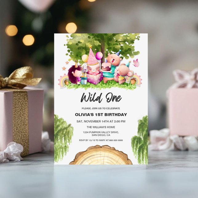 Convite Festa de primeiro aniversario de Rapariga Selvagem (Woodland Wild One 1st birthday girl party invitation)