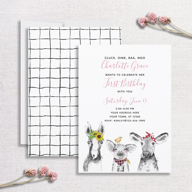 Convite Festa de primeiro aniversario de Script Cor-de-Ros (Criador carregado)