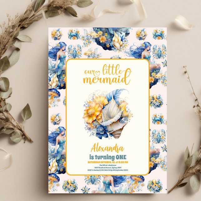 Convite Festa de primeiro aniversario de Sereia Mágica (Criador carregado)
