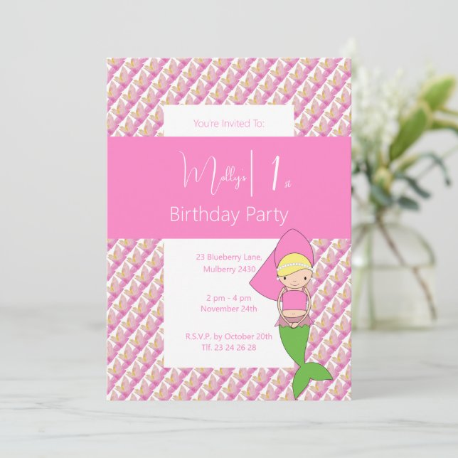 Convite Festa de primeiro aniversario de Sereia, Princesa  (Em pé/Frente)