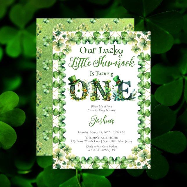 Convite Festa de primeiro aniversario de Shamrock ("Our Lucky Little Shamrock" St. Patrick's Day-Themed "ONE" 1st Birthday Party Invitation )