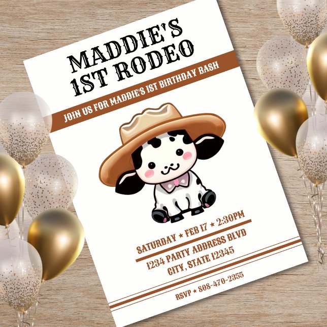 Convite Festa de primeiro aniversario de Vaca-Vaca (Cute Cow Cowboy Hat 1st Birthday Party Invitation)