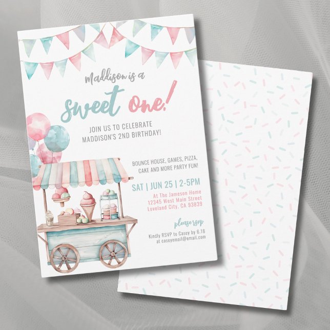 Convite Festa de primeiro aniversario de Verão de Sorvete  (Fun Ice Cream Summer 1st Birthday Party Invitation)