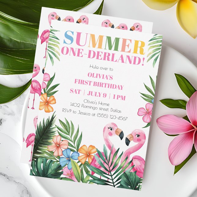 Convite Festa de primeiro aniversario de Verão Flamingo On (Pink Flamingo Onederland Summer 1st Birthday Party Invitation)