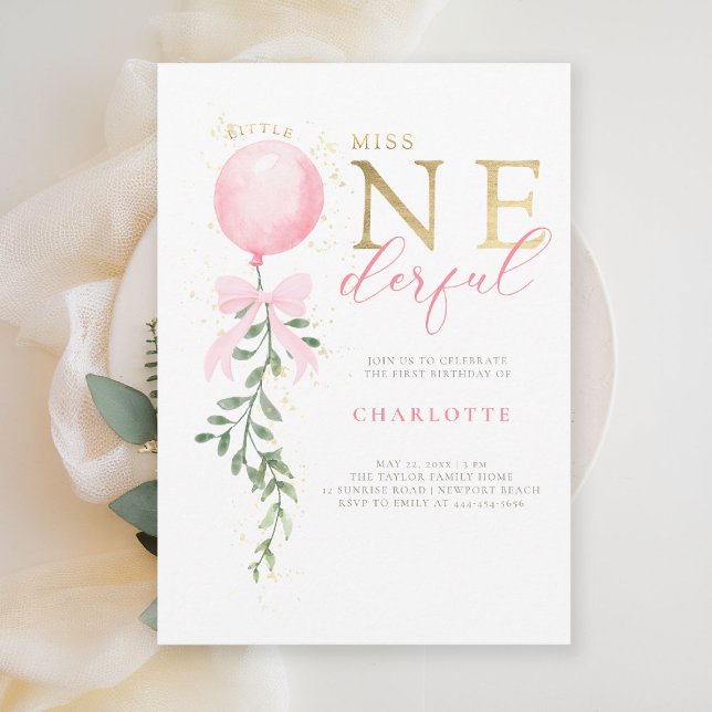 Convite Festa de primeiro aniversario do Balão de Arco Ros (little miss onederful girls 1st birthday invite pink balloon bow greenery watercolor elegant gold)