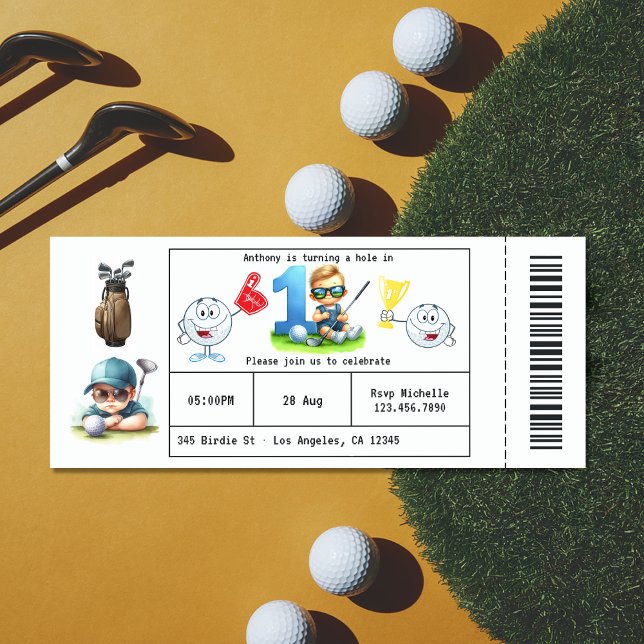Convite Festa de primeiro aniversario do Estilo de Bilhete (Boy Golf Ticket Style 1st Birthday Party Invitation)