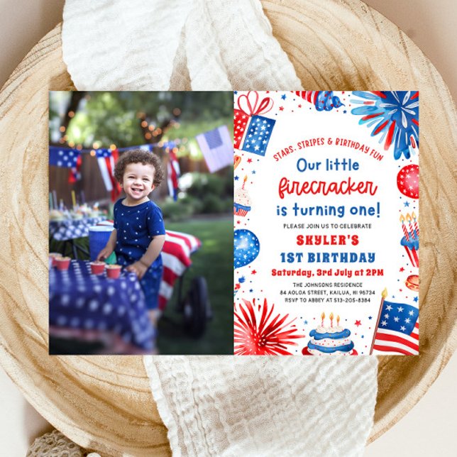 Convite Festa de primeiro aniversario do Pequeno Firecrack (Watercolor Patriotic Little Firecracker 4th of July 1st Birthday Party Invitation)
