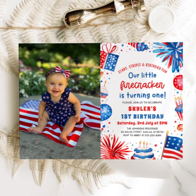 Convite Festa de primeiro aniversario do Pequeno Firecrack (Watercolor Patriotic Little Firecracker 4th of July 1st Birthday Party Invitation)