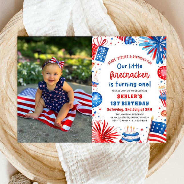 Convite Festa de primeiro aniversario do Pequeno Firecrack (Watercolor Patriotic Little Firecracker 4th of July 1st Birthday Party Invitation)