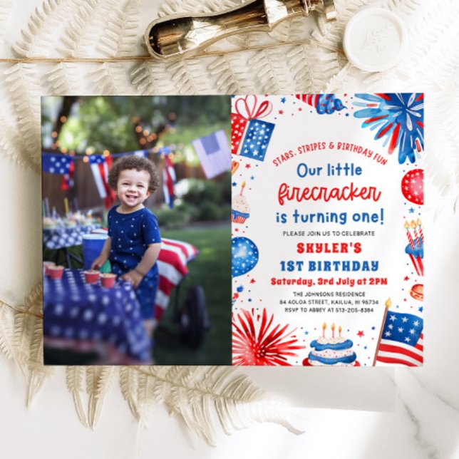 Convite Festa de primeiro aniversario do Pequeno Firecrack (Watercolor Patriotic Little Firecracker 4th of July 1st Birthday Party Invitation)