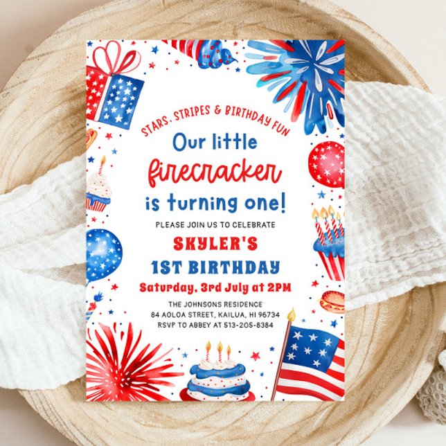 Convite Festa de primeiro aniversario do Pequeno Firecrack (Watercolor Patriotic Little Firecracker 4th of July Photo 1st Birthday Party Invitation)