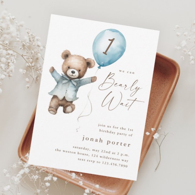 Convite Festa de primeiro aniversario dos Bear Boys de Ted (Teddy Bear Blue Balloon Boys 1st Birthday Party Invitation)