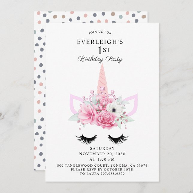 Convite Festa de primeiro aniversario Fágica e Unicórica (Frente/Verso)