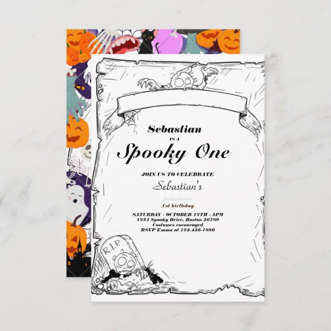 Convite Festa de primeiro aniversario Fantasma de Feliz Di (Frente/Verso)