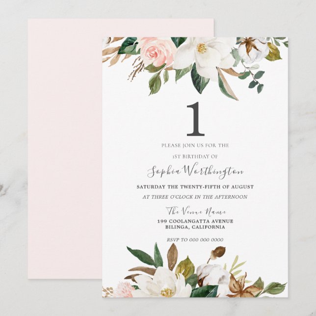 Convite Festa de primeiro aniversario Floral Blush & White (Frente/Verso)