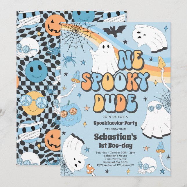 Convite Festa de primeiro aniversario Ghost Cute em Groovy (Frente/Verso)