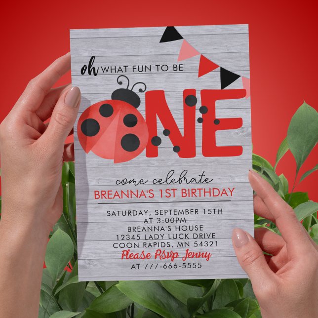 Convite Festa de primeiro aniversario Ladybug da Wood Wood (Watercolor Oh What Fun to Be One Light Washed Wood 1st Birthday Invitations)