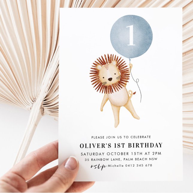 Convite Festa de primeiro aniversario Lion Blue Balloon Bo (Criador carregado)