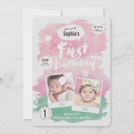 Convite Festa de Primeiro Aniversário Menina Aquarela Rosa