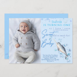 Convite Festa de primeiro aniversario Narwhal, um bebê ado