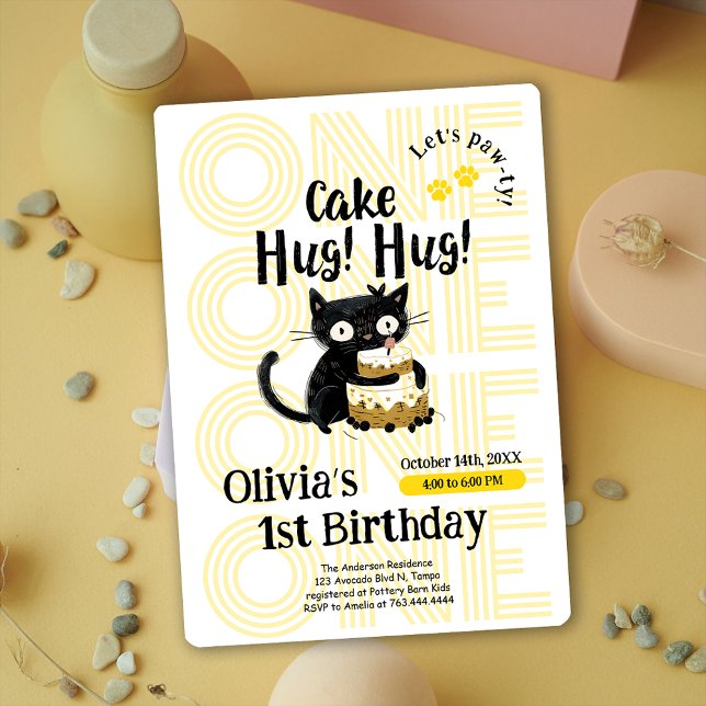 Convite Festa de primeiro aniversario Negro Engraçado (Cute Black Cat 1st Birthday Party Invitation)