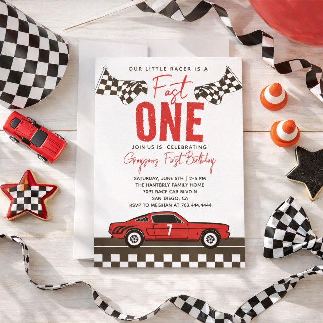 Convite Festa de primeiro aniversario Rápido de Um Carro (Fast One Race Car Boy 1st Birthday Party Invitation
)