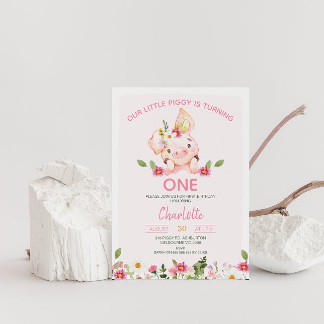 Convite Festa de primeiro aniversario Rosa, Flores Selvage (Editable Pig Birthday Invitation, Little Piggy 1st Birthday Invite, Little pig, Pink Floral Piggy )