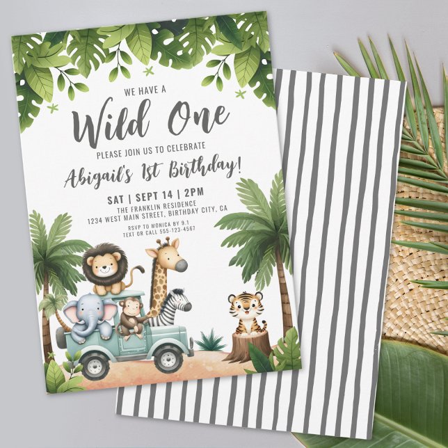 Convite Festa de primeiro aniversario Safari Selvagem de A (Wild One Jungle Safari 1st Birthday Party Invitation)
