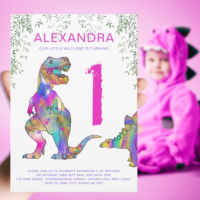 Convite Festa de primeiro aniversario Wild One Girls T Rex (Girls wild one dinosaur 1st birthday party invitation with colorful T-Rex and Stegosaurus dino fun)