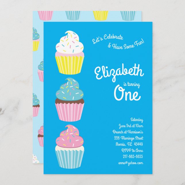 Convite Festa de primeiros aniversarios de Cupcakes Bonito (Frente/Verso)