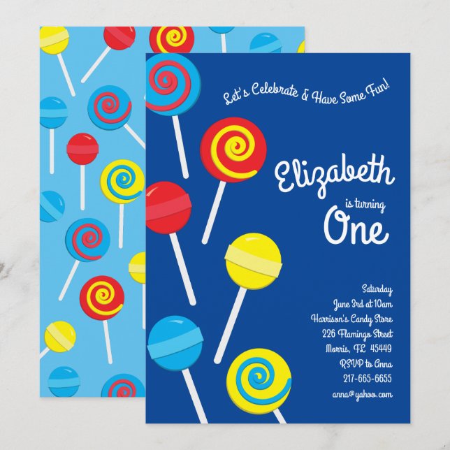 Convite Festa de primeiros aniversarios Lollipop Candy Kid (Frente/Verso)