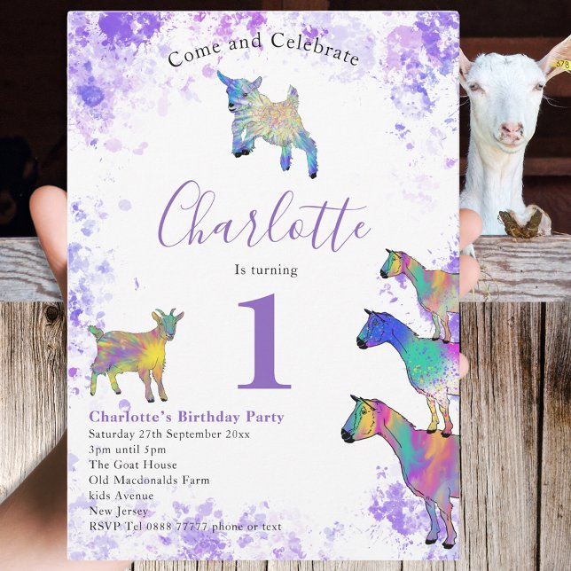 Convite Festa de primeiros aniversarios para raparigas (Cute goat themed 1st birthday party invitation purple watercolor splash and colorful goats)