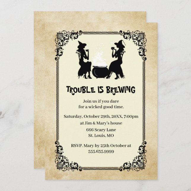 Convite Festa de Problemas da Bruxa de Halloween Está Cozi (Frente/Verso)