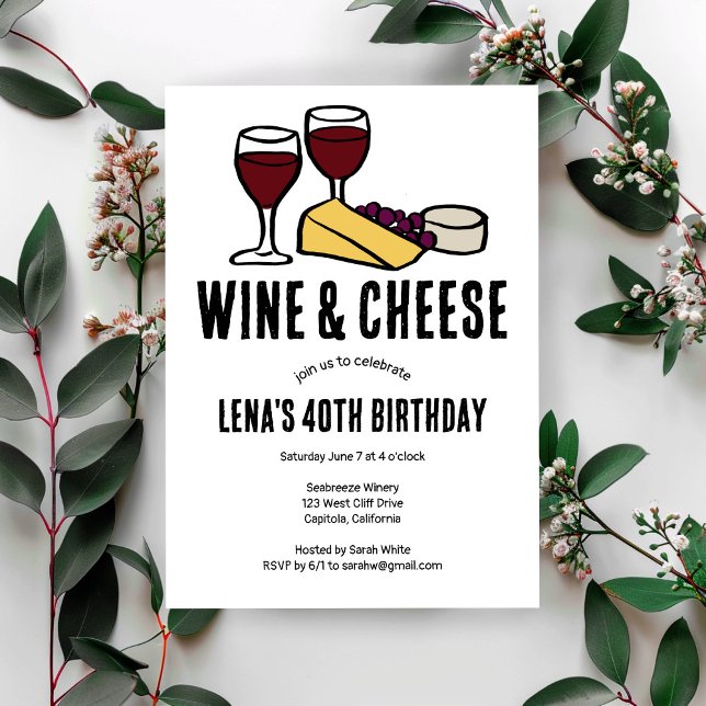Convite Festa de Provando de Vinho e Queijo - Desenho de A (Wine & Cheese Tasting Party Birthday Sketch CUSTOM Invitation
)