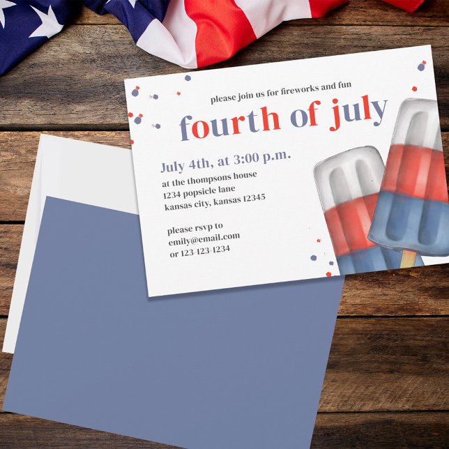 Convite Festa de Psicle, 4 de julho (Fourth of July party invitation with red, white, and blue popsicles. )